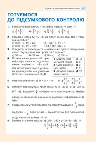 ГОТУЄМОСЯ
ДО ПІДСУМКОВОГО КОНТРОЛЮ
1. У якому виразі замість * потрібно поставити знак >?
а)
1 3
* ;
5 7
б)
3 1
* ;
6 2
в)
5 4
* ;
7 9
г)
4 1
*1 .
3 3
2. Розклади числа 12, 15 і 35 на прості множники. Яке з твер-
джень хибне?
а) НСК (12, 30) = 60; б) НСД (12, 35) = 1;
в) НСК (30, 35) = 210; г) НСД (12, 30) = 2.
3. Швидкість велосипедиста — найменше просте двоцифрове
число. Яку відстань він проїде за 3 години?
а) 30 км; б) 33 км; в) 36 км; г) 39 км.
4. Познач на координатній пря-
мій усі цілі числа, які задоволь-
няють нерівність 3 5.
x
− < ≤
Для позначених чисел устано-
ви відповідність між умовами
(1–3) та їх значеннями (А–Д)
5. Розв’яжи рівняння: а) 2х + 8 = –10; б)
1 2 1
3 1 .
2 3 6
x
⎛ ⎞
− =
⎜ ⎟
⎝ ⎠
6. Побудуй прямокутник ABCD, якщо A(–3; –2), B(–3; 3), C(7; 3),
D(7; –2). Зафарбуй
3
5
побудованого прямокутника. Знайди
площу (в квадратних одиничних відрізках) зафарбованої фі-
гури.
7. У фермерському господарстві під моркву відведено
4
15
поля,
під буряк —
1
5
поля, решта — під картоплю. Яка площа поля,
якщо картопля займає 16 га?
8. Знайди значення виразу: а) (240 : (–8) + (–12)(–4) – 28) : 5;
б)
3 2 1 3 11
3 2 3 1 :1 .
4 5 9 7 14
⎛ ⎞
− ⋅ +
⎜ ⎟
⎝ ⎠
1 Модуль най-
меншого числа
2 Сума позначе-
них чисел
3 Добуток позна-
чених чисел
А –3
Б 0
В 2
Г 9
Д 12
187
Готуємося до підсумкового контролю
 