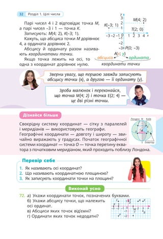 32 Розділ 1. Цілі числа
Парі чисел 4 і 2 відповідає точка M,
а парі чисел –3 і 1 — точка К.
Записують: М(4; 2), К(–3; 1).
Кажуть, що абсциса точки M дорівнює
4, а ордината дорівнює 2.
Абсцису й ординату разом назива-
ють координатами точки.
Якщо точка лежить на осі, то
одна з координат дорівнює нулю.
Виконай усно
72. а) Укажи координати точок, позначених буквами.
б) Укажи абсцису точки, що належить
осі ординат.
в) Абсциси яких точок від’ємні?
г) Ординати яких точок недодатні?
Перевір себе
1. Як називають осі координат?
2. Що називають координатною площиною?
3. Як записують координати точки на площині?
Дізнайся більше
Своєрідну систему координат — сітку з паралелей
і меридіанів — використовують географи.
Географічні координати — довготу і широту — зви-
чайно виражають у градусах. Початок географічної
системи координат — точка O — точка перетину еква-
тора з початковим меридіаном, який проходить поблизу Лондона.
Т(2; 0)
1 2 3 4
–1 0
–1
3
–2
2
–3
1
–2
–3 х
y
P(0; –3)
M(4; 2)
K(–3; 1)
Зверни увагу, що першою завжди записують
абсцису точки (x), а другою — її ординату (y).
Зроби малюнок і переконайся,
що точка М(4; 2) і точка Е(2; 4) —
це дві різні точки.
A(x; y)
абсциса
координати точки
ордината
D
y
x
X
A
T
1
–1
–2
S
–3
–1
–2
1
0 2 3
P
B
K
C
M
N Київ
Лондон
Екватор
S
O A
C
K
 