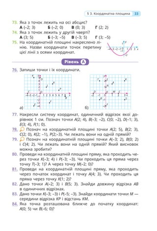 33
§ 3. Координатна площина
73. Яка з точок лежить на осі абсцис?
А (–2; 3) Б (–2; 0) В (0; 3) Г (2; 2)
74. Яка з точок лежить у другій чверті?
А (3; 5) Б (–3; –5) В (–3; 5) Г (3; –5)
75. На координатній площині накреслено лі-
нію. Назви координати точок перетину
цієї лінії з осями координат.
–2
–1
–1 1 2 3 х
y
–2
–3
–4
1
0
Рівень А
76. Запиши точки і їх координати.
a) б)
77. Накресли систему координат, одиничний відрізок якої до-
рівнює 1 см. Познач точки A(2; 4), B(–3; –2), C(0; –2), D(–1; 3),
E(3; 4), F(1; 0).
78. Познач на координатній площині точки A(2; 5), B(2; 3),
C(2; 0), K(2; –1), P(2;–3). Чи лежать вони на одній прямій?
79. Познач на координатній площині точки A(–3; 2), B(0; 2)
і C(4; 2). Чи лежать вони на одній прямій? Який висновок
можна зробити?
80. Проведи на координатній площині пряму, яка проходить че-
рез точки K(–3; 4) і P(–3; –3). Чи проходить ця пряма через
точку T(–3; 1)? А через точку M(–2; 0)?
81. Проведи на координатній площині пряму, яка проходить
через початок координат і точку A(4; 3). Чи проходить ця
пряма через точку K(1; 2)?
82. Дано точки A(–2; 3) і B(5; 3). Знайди довжину відрізка AB
в одиничних відрізках.
83. Дано точки K(–3; –3) і P(–5; –3). Знайди координати точки M —
середини відрізка KP і відстань KM.
84. Яка точка розташована ближче до початку координат:
A(0; 5) чи B(–6; 0)?
y
–1
–2
–1 0
–2 1
1
O
2
2
3 x
A
D
E
N
M C
F
B
y
1
1
–1–1
–2
–3
–4
–2
–3
–4 2
2
O
3
3
4
4
5
5
6 7 x
K
D
A
B
C
E
F
L
R
T
Р
8
S
 