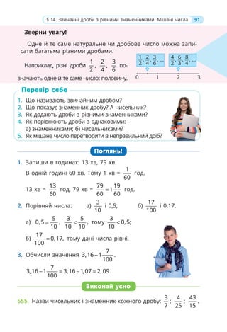 91
§ 14. Звичайні дроби з рівними знаменниками. Мішані числа
Зверни увагу!
Одне й те саме натуральне чи дробове число можна запи-
сати багатьма різними дробами.
Наприклад, різні дроби
1
,
2
2
,
4
3
6
по-
значають одне й те саме число: половину.
1. Що називають звичайним дробом?
2. Що показує знаменник дробу? А чисельник?
3. Як додають дроби з рівними знаменниками?
4. Як порівнюють дроби з однаковими:
а) знаменниками; б) чисельниками?
5. Як мішане число перетворити в неправильний дріб?
Поглянь!
1. Запиши в годинах: 13 хв, 79 хв.
В одній годині 60 хв. Тому 1 хв =
1
60
год.
13 хв =
13
60
год, 79 хв =
79 19
1
60 60
= год.
2. Порівняй числа: а)
3
10
і 0,5; б)
17
100
і 0,17.
а)
5
0,5 ,
10
=
3 5
,
10 10
< тому
3
0,5;
10
<
б)
17
0,17,
100
= тому дані числа рівні.
3. Обчисли значення
7
3,16 1 .
100
−
7
3,16 1 3,16 1, 07 2, 09
100
− = − = .
Виконай усно
555. Назви чисельник і знаменник кожного дробу:
3
;
7
4
;
25
43
.
15
1. Що називають звичайним дробом?
2. Що показує знаменник дробу? А чисельник?
3. Як додають дроби з рівними знаменниками?
4. Як порівнюють дроби з однаковими:
а) знаменниками; б) чисельниками?
5. Як мішане число перетворити в неправильний дріб?
Перевір себе
0 1 2 3
1
2
2
4
3
6
, , , ...
4
2
6
3
8
4
, , , ...
 