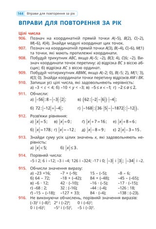 ВПРАВИ ДЛЯ ПОВТОРЕННЯ ЗА РІК
Цілі числа
906. Познач на координатній прямій точки А(–5), В(2), С(–2),
М(–6), К(4). Знайди модулі координат цих точок.
907. Познач на координатній прямій точки А(3), В(–4), С(–6), М(1)
та точки, які мають протилежні координати.
908. Побудуй трикутник АВС, якщо А(–5; –2), В(3; 4), С(6; –2). Ви-
знач координати точок перетину: а) відрізка ВС з віссю аб-
сцис; б) відрізка АС з віссю ординат.
909. Побудуй чотирикутник АВМК, якщо А(–2; 0), В(–5; 2), М(1; 3),
К(3; 0). Знайди координати точки перетину відрізків АМ і ВК.
910. Запиши усі цілі числа, які задовольняють нерівність:
а) –3 < c < 4; б) –10 < y < –3; в) 5 1;
x
− ≤ < − г) 2 2.
a
− ≤ ≤
911. Обчисли:
а) 56 : 8 3 2
− − − ⋅ ; в) ( )
62 : 2 6 4
− − ⋅ − ;
б) 72 : 12 4
− + − ; г) ( )
168 : 36 5 1872 : 12
− ⋅ − − − .
912. Розв’яжи рівняння:
а) 5
x = ; в) 0
x = ; ґ) 7 16
x + = ; е) 8 6
x + = ;
б) 178
x = ; г) 12
x = − ; д) 8 9
x − = ; є) 2 3 15
x − = .
913. Знайди суму усіх цілих значень х, які задовольняють не-
рівність:
а) 5;
x < б) 3
x ≤ .
914. Порівняй числа:
–5 і 2; 6 і –12; –3 і –4; 126 і –324; -17 і 0; 3
− і 3 ; 34
− і –2.
915. Обчисли значення виразу:
а) –23 +16; –7 + (–9); 15 – (–5); –8 – 6;
б) 64 – 72; –18 + (–42); 84 + (–48); –45 – (–65);
в) –6 · 12; 42 · (–10); –16 · (–5); –17 · (–15);
г) –68 : 2; 32 : (–16); –44 : (–4); –126 : 18;
ґ) –15 – (–18); –127 + 33; 84 · (–4); –138 : (–23).
916. Не виконуючи обчислень, порівняй значення виразів:
(–3)2
і (–8)3
; 24
і (–2)4
; 0 і (–6)3
;
0 і (–6)2
; –53
і (–5)3
, –5 і (–3)3
.
144 Вправи для повторення за рік
 