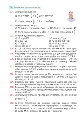 971. Знайди відношення:
а) суми чисел
2
5
і
1
2
3
до їх добутку;
б) різниці чисел
3
5
і 0,5 до їх добутку.
972. Знайди число, якщо:
а) 20 % його становлять 344; в) 125 % його становлять 48;
б) 2,5 % його становлять 640; г)
1
%
2
його становлять
1
6 .
2
973. Скільки відсотків становлять:
а) 15 від 4500;
б) 6 від 7,2;
в) 10 від 8;
г) 3 кг від 60 кг;
ґ) 35 см від 7 дм;
д) 7,2 хв від 1,2 год;
е) 30 м2
від 10 ар;
є) 3 а від 3 га?
974. За 2,5 год поїзд пройшов відстань 160 км. Який шлях про-
йде поїзд за 4 год, якщо їхатиме з такою самою швидкістю?
975. Периметр чотирикутника дорівнює 2,25 дм. Знайди довжи-
ни його сторін, якщо вони пропорційні числам 4, 6, 7 і 8.
976. У трьох ящиках є 86 кг цвяхів. У першому ящику — 30,4 кг,
а в другому — на 1,2 кг більше, ніж у третьому. Скільки
кілограмів цвяхів у третьому ящику?
977. Знайди периметр трикутника, якщо його сторони пропор-
ційні числам 3, 5 і 7, а найменша сторона коротша від най-
більшої на 16 см.
978. Скільки кілометрів від селища Яблуневого до селища Гру-
шевого, якщо на карті з масштабом 1 : 30 000 цій відстані
відповідає 13 см?
979. Відстань від двох пунктів приблизно дорівнює 200 км.
На карті цій відстані відповідає 6 см. Який масштаб карти?
980. Відстань 250 км на карті зображено відрізком завдовжки
5 см. Яким відрізком при цьому масштабі зображується від-
стань у 800 км?
981. Знайди два числа, які пропорційні числам 3 і 5, а їх різниця
дорівнює
3
.
4
982. Із букв, записаних на окремих картках, склали слово
МАТЕМАТИКА. Потім картки перевернули і перетасували.
Яка ймовірність того, що на взятій навмання картці буде:
а) буква М; б) буква А; в) буква Е; г) буква О?
150 Вправи для повторення за рік
 