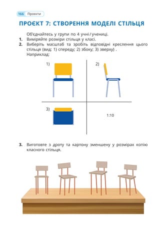 ПРОЄКТ 7: СТВОРЕННЯ МОДЕЛІ СТІЛЬЦЯ
Об’єднайтесь у групи по 4 учні / учениці.
1. Виміряйте розміри стільця у класі.
2. Виберіть масштаб та зробіть відповідні креслення цього
стільця (вид: 1) спереду; 2) збоку; 3) зверху) .
Наприклад:
3. Виготовте з дроту та картону зменшену у розмірах копію
класного стільця.
1:10
166 Проєкти
1)
3)
2)
 