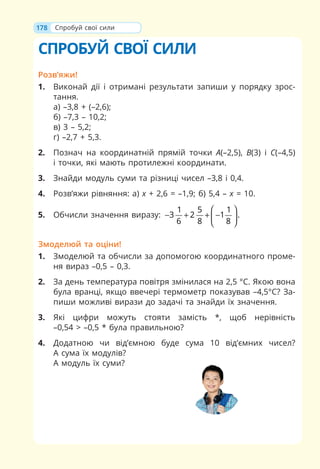 178
СПРОБУЙ СВОЇ СИЛИ
Розв’яжи!
1. Виконай дії і отримані результати запиши у порядку зрос-
тання.
а) –3,8 + (–2,6);
б) –7,3 – 10,2;
в) 3 – 5,2;
г) –2,7 + 5,3.
2. Познач на координатній прямій точки A(–2,5), B(3) і С(–4,5)
і точки, які мають протилежні координати.
3. Знайди модуль суми та різниці чисел –3,8 і 0,4.
4. Розв’яжи рівняння: а) х + 2,6 = –1,9; б) 5,4 – х = 10.
5. Обчисли значення виразу:
1 5 1
3 2 1 .
6 8 8
⎛ ⎞
− + + −
⎜ ⎟
⎝ ⎠
Змоделюй та оціни!
1. Змоделюй та обчисли за допомогою координатного проме-
ня вираз –0,5 – 0,3.
2. За день температура повітря змінилася на 2,5 °С. Якою вона
була вранці, якщо ввечері термометр показував –4,5°С? За-
пиши можливі вирази до задачі та знайди їх значення.
3. Які цифри можуть стояти замість *, щоб нерівність
–0,54  –0,5 * була правильною?
4. Додатною чи від’ємною буде сума 10 від’ємних чисел?
А сума їх модулів?
А модуль їх суми?
Спробуй свої сили
 