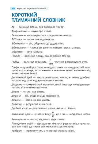 КОРОТКИЙ
ТЛУМАЧНИЙ СЛОВНИК
Ар — одиниця площі, яка дорівнює 100 м2
.
Арифметика — наука про числа.
Величина — характеристика предмета чи явища.
Від’ємник — число, яке віднімають.
Віднімання — дія, обернена до додавання.
Відношення — частка від ділення одного числа на інше.
Відсоток — сота частина.
Гектар — одиниця площі, яка дорівнює 100 ар.
Градус — одиниця міри кута,
1
180
частина розгорнутого кута.
Графік — (у найпростіших випадках) лінія на координатній пло-
щині, яка показує, як змінюються значення однієї величини від
зміни значень іншої.
Десятковий дріб — десятковий запис числа, в якому дробова
частина від цілої відокремлюється комою.
Діаграма — символічний малюнок, який ілюструє співвідношен-
ня між значеннями величин.
Ділене — число, яке ділять.
Ділення — дія, обернена до множення.
Дільник — число, на яке ділять.
Добуток — результат множення.
Дробові числа — раціональні числа, які не є цілими.
Звичайний дріб — це запис виду ,
a
b
де a і b — натуральні числа.
Зменшуване — число, від якого віднімають.
Ймовірність події — відношення кількості результатів, сприятли-
вих для події, до числа всіх можливих результатів.
Квадрат — прямокутник, у якого всі сторони рівні.
188 Короткий тлумачний словник
 