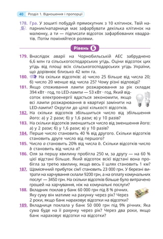 40 Розділ 1. Відношення і пропорції
178. Гра. У зошиті побудуй прямокутник з 10 клітинок. Твій на-
парник/напарниця має зафарбувати декілька клітинок на
малюнку, а ти — підписати відсоток зафарбованих квадра-
тів. Потім поміняйтеся ролями.
Рівень Б
179. Внаслідок аварії на Чорнобильській АЕС забруднено
6,6 млн га сільськогосподарських угідь. Оціни відсоток цих
угідь від площі всіх сільськогосподарських угідь України,
що дорівнює близько 42 млн га.
180. На скільки відсотків: а) число 25 більше від числа 20;
б) число 20 менше від числа 25? Чому різні відповіді?
181. Якщо споживання лампи розжарювання за рік складає
394 кВт · год, то LED-лампи — 53 кВт · год. Який від-
соток електроенергії вдасться зекономити, якщо
всі лампи розжарювання в квартирі замінити на
LED-лампи? Округли до цілої кількості відсотків.
182. На скільки відсотків збільшиться число від збільшення
його: а) у 2 рази; б) у 1,6 рази; в) у 10 разів?
183. На скільки відсотків зменшиться число від зменшення його:
а) у 2 рази; б) у 1,6 рази; в) у 10 разів?
184. Перше число становить 40 % від другого. Скільки відсотків
становить друге число від першого?
185. Число а становить 20% від числа b. Скільки відсотків число
b становить від числа а?
186. Оля за першу хвилину пробігла 250 м, за другу — на 60 %
цієї відстані більше. Який відсоток всієї відстані вона про-
бігла за третю хвилину, якщо весь її шлях становить 1 км?
187. Щомісячний прибуток сім’ї становить 23 000 грн. У березні ви-
трати на харчування склали 9200 грн, а на оплату комунальних
послуг — 3450 грн. На скільки відсотків більше було витрачено
грошей на харчування, ніж на комунальні послуги?
188. Вкладник поклав у банк 60 000 грн під 8 % річних.
Яку суму він матиме на рахунку через рік? Через
2 роки, якщо банк нараховує відсотки на відсотки?
189. Вкладниця поклала у банк 50 000 грн під 9% річних. Яка
сума буде на її рахунку через рік? Через два роки, якщо
банк нараховує відсотки на відсотки?
 