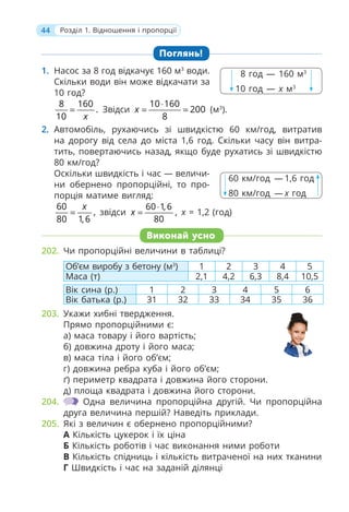 44 Розділ 1. Відношення і пропорції
Поглянь!
1. Насос за 8 год відкачує 160 м3
води.
Скільки води він може відкачати за
10 год?
8 160
.
10 x
= Звідси
10 160
200
8
x
⋅
= = (м3
).
2. Автомобіль, рухаючись зі швидкістю 60 км/год, витратив
на дорогу від села до міста 1,6 год. Скільки часу він витра-
тить, повертаючись назад, якщо буде рухатись зі швидкістю
80 км/год?
Оскільки швидкість і час — величи-
ни обернено пропорційні, то про-
порція матиме вигляд:
60
,
80 1,6
x
= звідси
60 1,6
,
80
x
⋅
= х = 1,2 (год)
Виконай усно
202. Чи пропорційні величини в таблиці?
Об’єм виробу з бетону (м3
) 1 2 3 4 5
Маса (т) 2,1 4,2 6,3 8,4 10,5
Вік сина (р.) 1 2 3 4 5 6
Вік батька (р.) 31 32 33 34 35 36
203. Укажи хибні твердження.
Прямо пропорційними є:
а) маса товару і його вартість;
б) довжина дроту і його маса;
в) маса тіла і його об’єм;
г) довжина ребра куба і його об’єм;
ґ) периметр квадрата і довжина його сторони.
д) площа квадрата і довжина його сторони.
204. Одна величина пропорційна другій. Чи пропорційна
друга величина першій? Наведіть приклади.
205. Які з величин є обернено пропорційними?
А Кількість цукерок і їх ціна
Б Кількість роботів і час виконання ними роботи
В Кількість спідниць і кількість витраченої на них тканини
Г Швидкість і час на заданій ділянці
8 год — 160 м3
10 год — х м3
60 км/год — 1,6 год
80 км/год — х год
 