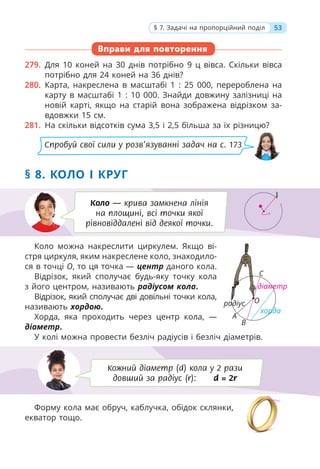 Вправи для повторення
279. Для 10 коней на 30 днів потрібно 9 ц вівса. Скільки вівса
потрібно для 24 коней на 36 днів?
280. Карта, накреслена в масштабі 1 : 25 000, перероблена на
карту в масштабі 1 : 10 000. Знайди довжину залізниці на
новій карті, якщо на старій вона зображена відрізком за-
вдовжки 15 см.
281. На скільки відсотків сума 3,5 і 2,5 більша за їх різницю?
§ 8. КОЛО І КРУГ
Коло можна накреслити циркулем. Якщо ві-
стря циркуля, яким накреслене коло, знаходило-
ся в точці O, то ця точка — центр даного кола.
Відрізок, який сполучає будь-яку точку кола
з його центром, називають радіусом кола.
Відрізок, який сполучає дві довільні точки кола,
називають хордою.
Хорда, яка проходить через центр кола, —
діаметр.
У колі можна провести безліч радіусів і безліч діаметрів.
Форму кола має обруч, каблучка, обідок склянки,
екватор тощо.
53
§ 7. Задачі на пропорційний поділ
Коло — крива замкнена лінія
на площині, всі точки якої
рівновіддалені від деякої точки.
Кожний діаметр (d) кола у 2 рази
довший за радіус (r): d = 2r
О
С
В
А
хорда
радіус
діаметр
Спробуй свої сили у розв’язуванні задач на с. 173
 