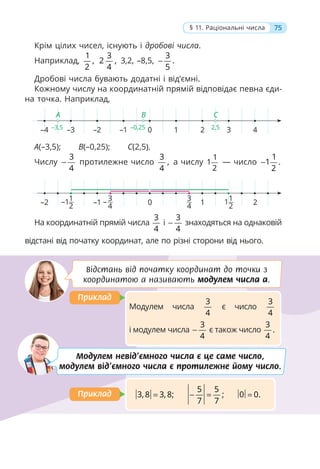 Крім цілих чисел, існують і дробові числа.
Наприклад,
1
,
2
3
2 ,
4
3,2, –8,5,
3
.
5
−
Дробові числа бувають додатні і від’ємні.
Кожному числу на координатній прямій відповідає певна єди-
на точка. Наприклад,
А(–3,5); В(–0,25); С(2,5).
Числу
3
4
− протилежне число
3
,
4
а числу
1
1
2
— число
1
1 .
2
−
На координатній прямій числа
3
4
і
3
4
− знаходяться на однаковій
відстані від початку координат, але по різні сторони від нього.
Модулем числа
3
4
є число
3
4
і модулем числа
3
4
− є також число
3
.
4
Приклад
Приклад
3, 8 3, 8;
=
5 5
;
7 7
− = 0 0.
=
Приклад
Приклад
Відстань від початку координат до точки з
координатою a називають модулем числа a.
Модулем невід’ємного числа є це саме число,
модулем від’ємного числа є протилежне йому число.
75
§ 11. Раціональні числа
А B C
–4 –3
–3,5 2,5
–0,25
–2 –1 0 1 2 3 4
–2 –1 0 1 2
–11
2
11
2
– 3
4
3
4
 