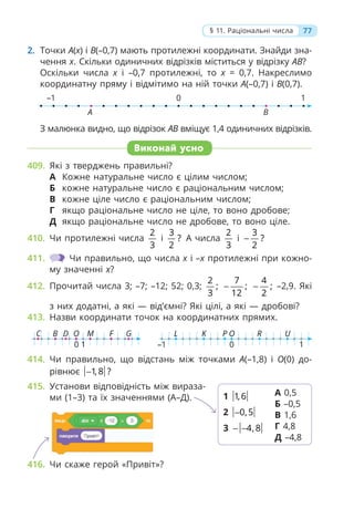 2. Точки A(x) і B(–0,7) мають протилежні координати. Знайди зна-
чення x. Скільки одиничних відрізків міститься у відрізку AB?
Оскільки числа x і –0,7 протилежні, то x = 0,7. Накреслимо
координатну пряму і відмітимо на ній точки A(–0,7) і B(0,7).
З малюнка видно, що відрізок AB вміщує 1,4 одиничних відрізків.
Виконай усно
409. Які з тверджень правильні?
А Кожне натуральне число є цілим числом;
Б кожне натуральне число є раціональним числом;
В кожне ціле число є раціональним числом;
Г якщо раціональне число не ціле, то воно дробове;
Д якщо раціональне число не дробове, то воно ціле.
410. Чи протилежні числа
2
3
і
3
?
2
А числа
2
3
і
3
?
2
−
411. Чи правильно, що числа x і –x протилежні при кожно-
му значенні x?
412. Прочитай числа 3; –7; –12; 52; 0,3;
2
;
3
7
;
12
−
4
;
2
− –2,9. Які
з них додатні, а які — від’ємні? Які цілі, а які — дробові?
413. Назви координати точок на координатних прямих.
414. Чи правильно, що відстань між точками A(–1,8) і O(0) до-
рівнює 1, 8 ?
−
415. Установи відповідність між вираза-
ми (1–3) та їх значеннями (А–Д).
416. Чи скаже герой «Привіт»?
1 1,6
2 0,5
−
3 4, 8
− −
А 0,5
Б –0,5
В 1,6
Г 4,8
Д –4,8
77
§ 11. Раціональні числа
–1 1
0
A B
0
–1 1
L K P O R U
0 1
C B D O M F G
 