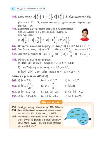 80 Розділ 2. Раціональні числа
443. Дано точки
2
,
3
A
⎛ ⎞
⎜ ⎟
⎝ ⎠
1
,
3
B
⎛ ⎞
−
⎜ ⎟
⎝ ⎠
2
2 .
3
C
⎛ ⎞
⎜ ⎟
⎝ ⎠
Знайди довжини від-
різків AB, AC і CB, якщо довжина одиничного відрізка до-
рівнює 1 см.
444. Довжина одиничного відрізка координатної
прямої дорівнює 2 см. Знайди відстань
між точками:
а)
1
2
A
⎛ ⎞
⎜ ⎟
⎝ ⎠
і
3
;
2
B
⎛ ⎞
−
⎜ ⎟
⎝ ⎠
б)
2
3
5
K
⎛ ⎞
−
⎜ ⎟
⎝ ⎠
і
3
2 .
5
P
⎛ ⎞
⎜ ⎟
⎝ ⎠
445. Обчисли значення виразу –a, якщо: а) a = 3,2; б) a = –1,7.
446. Знайди x, якщо: а) –x = 5,1; б) –x = –29,3; в) –(–x) = 4,5.
447. Знайди x, якщо: а)
1
5 ;
3
x
− = − б) ( ) 21
;
39
x
− − = в)
1
53 .
7
x
− =
448. Обчисли значення виразу:
а) 3 2 ,
a b a b
− − + якщо a = 27,3, b = –44,4;
б) 7 ,
x x y xy
+ − − + якщо x = 5,2, y = 2,5;
в) 5 2 2 3 ,
m n m m
+ − − якщо m = –17,17, n = –7,1.
Розв’яжи рівняння (449–452)
449. а) 2, 4;
x = б) 10, 7;
x = − в) 3, 2.
x
− =
450. а)
10
1 ;
21
x = б)
7
;
8
x = − в) 0.
x =
451. а) 5, 3 6;
x + = б) 0,6 3,6;
x
⋅ = в) 13 7,5.
x
− =
452. а) 1, 7 20;
x − = б) 1,6 : 0, 4;
x = в) 0,5 25.
x ⋅ =
453. Знайди площу ставка, якщо АВ = 10 м.
454. Яке найменше значення може мати
вираз x2
+ 16? А вираз (x + 16)2
?
455. Учениця запевняє: «Ще позавчора
мені було 12 років, а в наступному
році мені буде 15». За якої умови
це може бути?
453. Знайди площу ставка, якщо АВ = 10 м.
В
454. Яке найменше значення може мати
вираз x2
x
x + 16? А вираз (x
(
( + 16)
x 2
?
455. Учениця запевняє: «Ще позавчора
мені було 12 років, а в наступному
році мені буде 15». За якої умови
це може бути?
Цікаві задачі
 