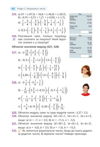 90 Розділ 2. Раціональні числа
525. а) 67 + (–87,5) + 56,8 + (–46,9) + (–28,7);
б) –0,74 + 0,72 + 1,21 + (–0,95) + (–1,7);
в)
1 3 3 5 1 1
1 .
2 4 8 8 4 2
⎛ ⎞ ⎛ ⎞ ⎛ ⎞
+ + − + − + + −
⎜ ⎟
⎜ ⎟ ⎜ ⎟
⎝ ⎠
⎝ ⎠ ⎝ ⎠
г)
2 3 1 1 1
0,5 3 1 ;
5 5 5 2 2
⎛ ⎞ ⎛ ⎞ ⎛ ⎞
+ − + + − + + −
⎜ ⎟
⎜ ⎟ ⎜ ⎟
⎝ ⎠
⎝ ⎠ ⎝ ⎠
526. Розгляньте чеки. Скільки покупець
має сплатити за покупки? Який відсо-
ток знижки є у покупця?
Обчисли значення виразу (527, 528)
527. а)
13 2 3
2 3 ;
35 5 7
⎛ ⎞
⎛ ⎞
− + + −
⎜ ⎟
⎜ ⎟
⎝ ⎠
⎝ ⎠
б)
3 4
0, 3 1, 2 1,5 ;
5 5
⎛ ⎞
⎛ ⎞ ⎛ ⎞
− + − + + + −
⎜ ⎟ ⎜ ⎟
⎜ ⎟
⎝ ⎠ ⎝ ⎠
⎝ ⎠
в)
2 5 2 1 13
;
3 7 21 3 21
⎛ ⎞
⎛ ⎞ ⎛ ⎞
− + − + + − +
⎜ ⎟ ⎜ ⎟
⎜ ⎟
⎝ ⎠ ⎝ ⎠
⎝ ⎠
г)
1 4 5
2, 05 1,5 .
8 5 8
⎛ ⎞ ⎛ ⎞
⎛ ⎞ ⎛ ⎞ ⎛ ⎞
+ − + + − + −
⎜ ⎟ ⎜ ⎟ ⎜ ⎟
⎜ ⎟ ⎜ ⎟
⎝ ⎠ ⎝ ⎠ ⎝ ⎠
⎝ ⎠ ⎝ ⎠
528. а)
1 1 1
2 3 ;
3 6 2
⎛ ⎞
− + − +
⎜ ⎟
⎝ ⎠
б) ( )
2 2 1
5 0,5 0, 7 1 ;
15 3 3
⎛ ⎞
⎛ ⎞ ⎛ ⎞
− + + − + − + −
⎜ ⎟ ⎜ ⎟
⎜ ⎟
⎝ ⎠ ⎝ ⎠
⎝ ⎠
в)
1 7 3 1 7
1 ;
12 9 4 3 18
⎛ ⎞
⎛ ⎞ ⎛ ⎞
− + + − + − +
⎜ ⎟ ⎜ ⎟
⎜ ⎟
⎝ ⎠ ⎝ ⎠
⎝ ⎠
г)
1 3 4
1 0,15 3, 35 .
6 5 15
⎛ ⎞
⎛ ⎞ ⎛ ⎞
− + + − + − +
⎜ ⎟ ⎜ ⎟
⎜ ⎟
⎝ ⎠ ⎝ ⎠
⎝ ⎠
529. Обчисли модуль суми та суму модулів чисел –3,27 і 2,5.
530. Обчисли значення виразу 1,
m n
+ + 1,
m n
+ + 1 ,
m n
+ +
якщо: а) m = –7, n = 3,5; б) m = –11,5, n = –5,5.
531. Обчисли значення виразу 2,
a b
+ + 2,
a b
+ + 2 ,
a b
+ +
якщо: а) а = –6,8, b = 3,5; б) а = –1,8, b = –15,3.
532. Як зміниться раціональне число, якщо до нього додати:
а) додатне число; б) від’ємне число? Наведи приклади.
 