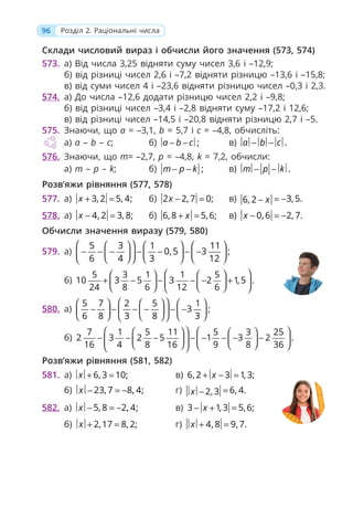 96 Розділ 2. Раціональні числа
Склади числовий вираз і обчисли його значення (573, 574)
573. а) Від числа 3,25 відняти суму чисел 3,6 і –12,9;
б) від різниці чисел 2,6 і –7,2 відняти різницю –13,6 і –15,8;
в) від суми чисел 4 і –23,6 відняти різницю чисел –0,3 і 2,3.
574. а) До числа –12,6 додати різницю чисел 2,2 і –9,8;
б) від різниці чисел –3,4 і –2,8 відняти суму –17,2 і 12,6;
в) від різниці чисел –14,5 і –20,8 відняти різницю 2,7 і –5.
575. Знаючи, що a = –3,1, b = 5,7 і c = –4,8, обчисліть:
а) a – b – c; б) ;
a b c
− − в) .
a b c
− −
576. Знаючи, що т= –2,7, р = –4,8, k = 7,2, обчисли:
а) т – р – k; б) ;
m p k
− − в) .
m p k
− −
Розв’яжи рівняння (577, 578)
577. а) 3, 2 5, 4;
x + = б) 2 2, 7 0;
x − = в) 3,5.
6, 2 x = −
−
578. а) 4, 2 3, 8;
x − = б) 6, 8 5,6;
x
+ = в) 0,6 2, 7.
x − = −
Обчисли значення виразу (579, 580)
579. а)
5 3 1 11
0,5 3 ;
6 4 3 12
⎛ ⎞
⎛ ⎞ ⎛ ⎞ ⎛ ⎞
− − − − − − −
⎜ ⎟ ⎜ ⎟
⎜ ⎟
⎜ ⎟
⎝ ⎠ ⎝ ⎠
⎝ ⎠
⎝ ⎠
б)
5 3 1 1 5
10 3 5 3 2 1,5 .
24 8 6 12 6
⎛ ⎞
⎛ ⎞ ⎛ ⎞
+ − − − − +
⎜ ⎟ ⎜ ⎟
⎜ ⎟
⎝ ⎠ ⎝ ⎠
⎝ ⎠
580. а)
5 7 2 5 1
3 ;
6 8 3 8 3
⎛ ⎞
⎛ ⎞ ⎛ ⎞ ⎛ ⎞
− − − − − −
⎜ ⎟ ⎜ ⎟ ⎜ ⎟
⎜ ⎟
⎝ ⎠ ⎝ ⎠ ⎝ ⎠
⎝ ⎠
б)
7 1 5 11 5 3 25
2 3 2 5 1 3 2 .
16 4 8 16 9 8 36
⎛ ⎞ ⎛ ⎞
⎛ ⎞ ⎛ ⎞
− − − − − − − −
⎜ ⎟ ⎜ ⎟
⎜ ⎟ ⎜ ⎟
⎝ ⎠ ⎝ ⎠
⎝ ⎠
⎝ ⎠
Розв’яжи рівняння (581, 582)
581. а) 6, 3 10;
x + = в) 6, 2 3 1, 3;
x
+ − =
б) 23, 7 8, 4;
x − = − г) 6, 4.
2, 3
x =
−
582. а) 5, 8 2, 4;
x − = − в) 3 1, 3 5,6;
x
− + =
б) 2,17 8, 2;
x + = г) 4, 8 9, 7.
x + =
 