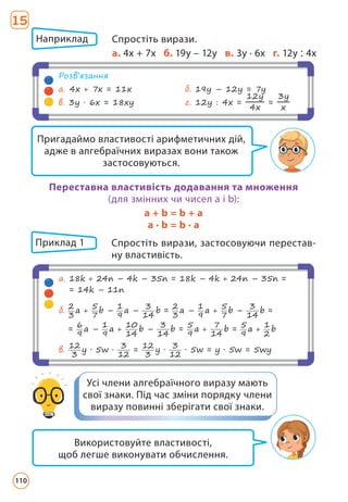 Наприклад 	
Спростіть вирази.
			 a. 4х + 7х б. 19у – 12у в. 3у · 6х г. 12у : 4х
Розв’язання
а. 4х + 7х = 11х б. 19у – 12у = 7у
в. 3у · 6х = 18ху г. 12у : 4х =
12у
4х
=
3у
х
Пригадаймо властивості арифметичних дій,
адже в алгебраїчних виразах вони також
застосовуються.
Приклад 1 	
Спростіть вирази, застосовуючи перестав-
ну властивість.
a. 
18k + 24n – 4k – 35n = 18k – 4k + 24n – 35n =
= 14k – 11n
б. 
2
3
a +
5
7
b –
1
9
a –
3
14
b =
2
3
a –
1
9
a +
5
7
b –
3
14
b =
=
6
9
a –
1
9
a +
10
14
b –
3
14
b =
5
9
a +
7
14
b =
5
9
a +
1
2
b
в. 
12
3
y · 5w ·
3
12
=
12
3
y ·
3
12
· 5w = y · 5w = 5wy
Усі члени алгебраїчного виразу мають
свої знаки. Під час зміни порядку члени
виразу повинні зберігати свої знаки.
Переставна властивість додавання та множення
(для змінних чи чисел a і b):
a + b = b + a
a ∙ b = b ∙ a
Використовуйте властивості,
щоб легше виконувати обчислення.
15
110
 