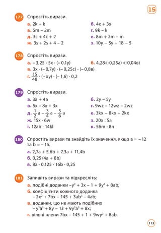 177 Спростіть вирази.
а. 2k + k б. 4x + 3x
в. 5m – 2m г. 9k – k
д. 3c + 4c + 2 е. 8m + 2m – m
ж. 3s + 2s + 4 – 2 з. 10y − 5y + 18 − 5
179 Спростіть вирази.
a. 3a + 4а б. 2y – 5y
в. 5x – 8x + 3x г. 9wz – 12wz – 2wz
д. 1
2
a – 3
4
a – 5
6
a е. 3kx − 8kx + 2kx
ж. 15x · 6w з. 20x : 5a
і. 12ab · 14kl к. 56m : 8n
178 Спростіть вирази.
а. – 3,25 · 5х · (– 0,1у) б. 4,28·(-0,25а) ·(-0,04в)
в. 3х · (– 0,7у) · (– 0,25с) · (– 0,8в)
г. 15
48
· (– ху) · (– 1,6) · 0,2
180 Спростіть вирази та знайдіть їх значення, якщо а = – 12
та b = – 15.
а. 2,7а + 5,6b + 7,3а + 11,4b
б. 0,25 (4а + 8b)
в. 8а · 0,125 · 16b · 0,25
181 Запишіть вирази та підкресліть:
а. подібні доданки –y2
+ 3x – 1 + 9y2
+ 8ab;
б. 
коефіцієнти кожного доданка
– 2x2
+ 7bx – 145 + 3ab3
– 4ab;
в. 
доданки, що не мають подібних
– y3
a5
+ 8y – 13 + 9y3
a5
+ 8x;
г. вільні члени 7bx – 145 + 1 + 9wy2
+ 8ab.
15
113
 