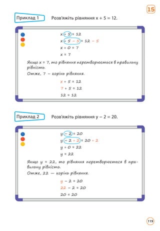 Приклад 1 	
Розв’яжіть рівняння x + 5 = 12.
Приклад 2 	
Розв’яжіть рівняння y − 2 = 20.
х + 5 = 12
х + 5 – 5 = 12 – 5
х + 0 = 7
х = 7
х + 5 = 12
7 + 5 = 12
12 = 12
Якщо x = 7, то рівняння перетворюється в правильну
рівність.
Отже, 7 – корінь рівняння.
y – 2 = 20
y – 2 + 2 = 20 + 2
y + 0 = 22
y = 22
y – 2 = 20
22 – 2 = 20
20 = 20
Якщо у = 22, то рівняння перетворюється в пра­
виль­
ну рівність.
Отже, 22 — корінь рівняння.
15
119
 