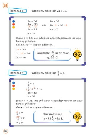 Приклад 3 	
Розв’яжіть рівняння 2a = 30.
Приклад 4 	
Розв’яжіть рівняння k
5
= 7.
2а = 30
2 · 15 = 30
30 = 30
Якщо a = 15, то рівняння перетворюється на пра­
вильну рівність.
Отже, 15 — корінь рівняння.
2а = 30
2а
2
=
30
2
1а = 15
а = 15
2а = 30
2а : 2 = 30 : 2
а = 15
або
k
5
= 7
35
5
= 7
7 = 7
Якщо k = 35, то рівняння перетворюється на пра­
вильну рівність.
Отже, 35 — корінь рівняння.
k
5
= 7
k
5
· 5 = 7 · 5
1k = 35
k = 35
1
1
Пам’ятайте, 30
2
це те саме,
що 30 : 2.
Пам'ятайте, що
1k = k і k
5
= k : 5.
15
120
 