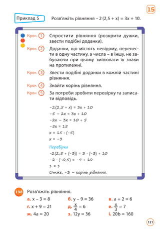 Приклад 5 	
Розв’яжіть рівняння – 2 (2,5 + х) = 3х + 10.
-2(2,5 + х) = 3х + 10
-5 – 2х = 3х + 10
-2х – 3х = 10 + 5
-5х = 15
х = 15 : (-5)
х = -3
Перевірка
-2(2,5 + (-3)) = 3 · (-3) + 10
-2 · (-0,5) = -9 + 10
1 = 1
Отже, -3 – корінь рівняння.
Крок 1 Спростити рівняння (розкрити дужки,
звести подібні доданки).
Крок 2 Доданки, що містять невідому, перенес­
ти в одну частину, а числа – в іншу, не за-
буваючи при цьому змінювати їх знаки
на протилежні.
Крок 3 Звести подібні доданки в кожній частині
рівняння.
Крок 4 Знайти корінь рівняння.
Крок 5 За потреби зробити перевірку та записа-
ти відповідь.
198 Розв’яжіть рівняння.
а. x – 3 = 8 б. у – 9 = 36 в. а + 2 = 6
г. х + 9 = 21 д. х
4
= 6 е. х
3
= 7
ж. 4а = 20 з. 12у = 36 і. 20b = 160
15
121
 