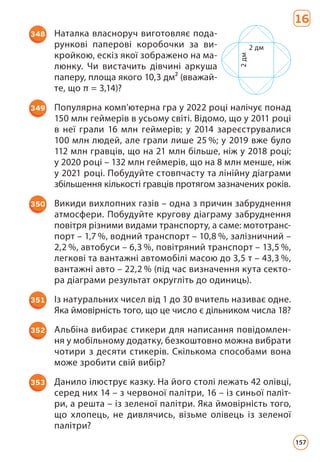 16
348 Наталка власноруч виготовляє пода­
рункові паперові коробочки за ви­
кройкою, ескіз якої зображено на ма­
люнку. Чи вистачить дів­
чині аркуша
паперу, площа якого 10,3 дм² (вважай­
те, що π = 3,14)?
349 Популярна комп’ютерна гра у 2022 році налічує понад
150 млн геймерів в усьому світі. Відомо, що у 2011 році
в неї грали 16 млн геймерів; у 2014 зареєструвалися
100 млн людей, але грали лише 25 %; у 2019 вже було
112 млн гравців, що на 21 млн більше, ніж у 2018 році;
у 2020 році – 132 млн геймерів, що на 8 млн менше, ніж
у 2021 році. Побудуйте стовпчасту та лінійну діаграми
збільшення кількості гравців протягом зазначених років.
350 Викиди вихлопних газів – одна з причин забруднення
атмосфери. Побудуйте кругову діаграму забруднення
повітря різними видами транспорту, а саме: мототранс­
порт – 1,7 %, водний транспорт – 10,8 %, залізничний –
2,2 %, автобуси – 6,3 %, повітряний транспорт – 13,5 %,
легкові та вантажні автомобілі масою до 3,5 т – 43,3 %,
вантажні авто – 22,2 % (під час визначення кута секто­
ра діа­
грами результат округліть до одиниць).
351 Із натуральних чисел від 1 до 30 вчитель називає одне.
Яка ймовірність того, що це число є дільником числа 18?
352 Альбіна вибирає стикери для написання повідомлен­
ня у мобільному додатку, безкоштовно можна вибрати
чотири з десяти стикерів. Скількома способами вона
може зробити свій вибір?
353 Данило ілюструє казку. На його столі лежать 42 олівці,
серед них 14 – з червоної палітри, 16 – із синьої паліт­
ри, а решта – із зеленої палітри. Яка ймовірність того,
що хлопець, не дивлячись, візьме олівець із зеленої
палітри?
2 дм
2
дм
157
 