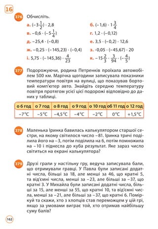 16
376 Обчисліть.
а. (–3 1
2
) · 2,8 б. (–1,6) · 1 3
4
в. –0,6 · (–5 1
4
) г. 1,2 · (–0,12)
д. –25,4 · (–0,8) е. 3,5 · (–0,2) · 12,6
ж. –0,25 · (–145,23) · (–0,4) з. -0,05 · (–45,67) · 20
і. 5,75 · (–145,36) · 4
23
к. –15 2
3
· 3
94
· (–  4
5
)
377 Подорожуючи, родина Петренків проїхала автомобі­
лем 500 км. Марічка щогодини записувала показники
температури повітря на вулиці, що показував борто­
вий комп’ютер авто. Знайдіть середню температуру
повітря протягом усієї цієї подорожі відповідно до да­
них у таблиці.
–7°С –5°С –4,5°С –4°С –2°С 0°С +1,5°С
о 6 год о 7 год о 8 год о 9 год о 10 год об11год о 12 год
378 Маленька Іринка бавилась калькулятором старшої се­
стри, на якому світилося число –81. Іринка тричі поді­
лила його на –3, потім поділила на 6, потім помножила
на –10 і піднесла до куба результат. Яке зараз число
світиться на екрані калькулятора?
379 Друзі грали у настільну гру, ведуча записувала бали,
що отримували гравці. У Павла були записані додат­
ні числа, більші за 18, але менші за 46, що кратні 5,
та від’ємні числа, менші за –23, але більші за –37, що
кратні 3. У Михайла були записані додатні числа, біль­
ші за 15, але менші за 55, що кратні 10, та від’ємні чис­
ла, менші за –21, але більші за –37, що кратні 6. Помір­
куй та скажи, хто з хлопців став переможцем у цій грі,
якщо за умовами виграє той, хто отримав найбільшу
суму балів?
162
 
