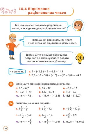 Ми вже вміємо додавати раціональні
числа, а як відняти два раціональні числа?
10.4 
Віднімання
раціональних чисел
Віднімання раціональних чисел
дуже схоже на віднімання цілих чисел.
Щоб знайти різницю двох чисел,
потрібно до зменшуваного додати
число, протилежне від’ємнику.
63 Виконайте віднімання раціональних чисел.
а. 9,5 – 6,7 б. 65 – 17 в. –0,9 – 12
г. –3,2 – (–4) д. 6,6 – 13, 4 е. 4,3 – 8,9
ж. –6,4 – 7,2 з. –11, 9 – (–12,8) і. 13,8 – (–2,07)
64 Знайдіть значення виразів.
а. 1 1
4
– 1
2
б. 5 2
3
– 12 в. –9 4
5
– 12 1
2
г. –4 1
2
– (–4) д. 6 1
2
– 3,4 е. 4 2
5
– 8,9
ж. –6,4 – 7 1
7
з. –11 1
4
– (–12,8) і. 31,08 – (–8,012)
Наприклад а. 7 – (–4,5 ) = 7 + 4,5 = 11,5
б. 5,8 – 10 = 5,8 + (–10) = –(10 – 5,8) = –4,2
34
 