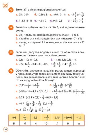 73 Виконайте ділення раціональних чисел.
а. 98 : (–5) б. –256 : 8 в. –9,9 : (–11) г. –5 3
5
: (– 2
5
)
д. 112,4 : (–4) е. –4,5 : 9 ж. 0,5 : 2,5 з. –2 5
6
: (– 7
9
)
74 Знайдіть добуток чисел, окрім 0, які задовольняють
умову:
а. цілі числа, які знаходяться між числами –6 та 5;
б. парні числа, які знаходяться між числами –7 та 9;
в. 
числа, які кратні 3 і знаходяться між числами –12
та 17.
75 Запишіть добуток поданих чисел та обчисліть його,
використовуючи властивості множення.
а. 2,5; –10; 4; –7,5. б. –1,25; 6,5; 0,8; –11.
в. –7,2; 12 1
2
; –0,4; –13; –0,5. г. 2
5
; 2 1
2
; –14; 1 3
14
; 5,6.
76 Обчисліть значення виразів; розставивши відповіді
у правильному порядку, дізнаєтеся найвищу точку Єв­
ропи, яка знаходиться в західній частині Альпійських
гір на кордоні Італії та Франції.
а. (0,45 – 3
5
) : (–1 4
5
) б. ( 3
20
+ 4
5
) : (–7 3
5
)
в. (–9,9 – 11) ∙ 4,5 + 5,5 : 0,1 г. –5 1
5
∙ (–0,2) + 88 : (– 8
9
) – 1
25
д. 0,75 ∙ (–2,5 + 7,9) – 1
2
∙ (6,5 – 8,7)
е. –0,7 : ( 1
8
+ 3
4
) – 1
10
: (0,6 – 2
5
)
ж. 2 ∙ ( 3
7
+ 1
14
) : 1
8
: (2 3
7
– 1
7
)
Б М Н О Л Н А
–98
1
12 3,5 – 1
8 5,15 –39,05 –1,3
10
38
 