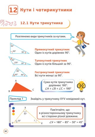 Кути і чотирикутники
12
12.1 Кути трикутника
Розглянемо види трикутників за кутами.
Прямокутний трикутник
Один із кутів дорівнює 90°.
60°
90° 30°
120°
40°
20°
Тупокутний трикутник
Один із кутів більший за 90°.
80°
60° 40°
Гострокутний трикутник
Всі кути менші за 90°.
Приклад 1 	
Знайдіть у трикутнику XYV невідомий кут.
Сума кутів трикутника
дорівнює 180°.
А + В + С = 180°
А
В
С
Пам’ятайте, що
в різносторонньому трикутнику
всі сторони різної довжини.
V = 180° − 85° − 50° = 45°
?
Y V
X
50°
85°
60
 