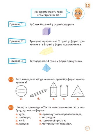 Які форми мають грані
геометричних тіл?
Приклад 1 Куб має 6 граней у формі квадрата.
Приклад 2 	
Трикутна призма має 2 грані у формі три­
кутника та 3 грані у формі прямокутника.
Приклад 3 Тетраедр має 4 грані у формі трикутника.
119 Які з наведених фігур не мають граней у формі много­
кутника?
a. б. в. г. д.
120 Наведіть приклади об'єктів навколишнього світу, по­
буту, що мають форму:
а. куба; б. прямокутного паралелепіпеда;
в. циліндра; г. тетраедра;
д. кулі; е. трикутної призми;
ж. конуса; з. чотирикутної піраміди.
13
75
 