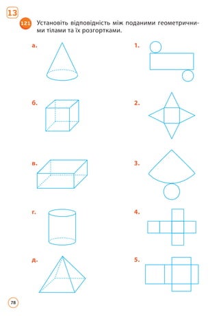 121 Установіть відповідність між поданими геометрични­
ми тілами та їх розгортками.
а. 1.
б. 2.
в. 3.
г. 4.
д. 5.
13
78
 