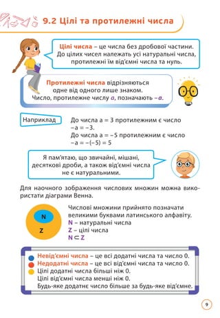 Протилежні числа відрізняються
одне від одного лише знаком.
Число, протилежне числу а, позначають –а.
Я пам’ятаю, що звичайні, мішані,
десяткові дроби, а також від’ємні числа
не є натуральними.
Цілі числа – це числа без дробової частини.
До цілих чисел належать усі натуральні числа,
протилежні їм від’ємні числа та нуль.
Для наочного зображення числових множин можна вико­
ристати діаграми Венна.
Невід’ємні числа – це всі додатні числа та число 0.
Недодатні числа – це всі від’ємні числа та число 0.
Цілі додатні числа більші ніж 0.
Цілі від’ємні числа менші ніж 0.
Будь-яке додатнє число більше за будь-яке від’ємне.
Наприклад До числа а = 3 протилежним є число
			 –а = –3.
			 До числа а = –5 протилежним є число
			 –а = –(–5) = 5
Числові множини прийнято позначати
великими буквами латинського алфавіту.
N – натуральні числа
Z – цілі числа
N Z
Z
N
9.2 Цілі та протилежні числа
9
 
