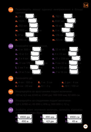160 Виконайте дії.
а. 4 км : 100 м б. 1 м : 5 см в. 2 дм : 4 см
г. 4 см : 20 мм д. 8 т : 2 ц е. 10 т : 100 кг
161 Упорядкуйте за зростанням подані величини:
123 м; 4,5 км; 6540 м; 2340 дм; 789 000 мм; 42 600 см.
162 Упорядкуйте за спаданням подані величини:
5,6 т; 6780 кг; 45 090 г; 876 ц; 900 000 г; 12 ц.
163 Знайдіть рівні значення величин, запишіть відповідь
у вигляді шифра (буква – цифра).
а. б. в.
1. 2. 3.
14
158 Перетворіть менші одиниці вимірювання в більші
одиниці.
a. 24 г = кг б. 762 г = кг
в. 1024 г = кг г. 8581 мл = л
д. 302 мл = л е. 46 мл = л
ж. 7012 м = км з. 6 м = км
і. 57 м = км к. 176 см = м
л. 246 см = м м. 92 см = м
159 Виконайте перетворення.
a. 2 кг 300 г = кг б. 25 кг 60 г = кг
в. 10 кг 5 г = кг г. 9 л 72 мл = л
д. 5 л 4 мл = л е. 21 л 256 мл = л
ж. 11 км 178 м = км з. 7 км 32 м = км
і. 5 км 7 м = км к. 3 м 25 см = м
л. 24 м 7 см = м м. 7 м 16 см = м
99
 