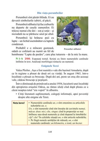 119
Din viaţa porumbeilor
Porumbeii sînt păsări blînde. Ei au
devenit simbolurile iubirii, al păcii.
Porumbeiisălbaticiîşifaccuiburile
nu departe de casele oamenilor. Ei
trăiesc numai cîte doi – soţ şi soţie – şi
niciodată nu se părăsesc unul pe altul.
Porumbeii îşi hrănesc puii cu
lapte – un lichid asemănător cu laptele
condensat.
Probabil e o mîncare gustoasă,
odată ce cofetarii au numit un fel de
bomboane “Lapte de pasăre”, care plac tuturora – de la mic la mare.
N 1-4 290. Expuneţi textul. Scrieţi cu litere numeralele cardinale
întîlnite în text. Analizaţi morfologic/sintactic un numeral.
Enigmele Terei
Valea Ploilor...Aşa a fost numită o vale din bazinul Amudaria, după
ce în regiune a plouat de două ori cu vietăţi. În august 1963, într-o
localitate a plouat cu broscuţe. După doi ani, peste un oraş din aceeaşi
vale, cădeau broscuţe şi peştişori.
Într-o dimineaţă de primăvară a anului 1954, locuitorii unei localităţi
din apropierea oraşului Odesa, au rămas uluiţi cînd după ploaia ce a
căzut noaptea totul “era vopsit” în albastru.
• 
Citiţi literatură suplimentară, culegeţi informaţii, apoi povestiţi
despre alte enigme ale Terei.
Nota bene! • 
Numeralele cardinale un, o sînt omonime cu articolele
nehotărîte un, o.
Un, o sînt numerale cînd sînt însoţite de cuvintele numai,
măcar, doar, nici, cîte, singur, cînd în propoziţie se mai
întîlnesc unu-două numerale şi cînd răspund la întrebările:
cîţi? cîte? În celelalte situaţii un, o sînt articole nehotărîte.
• 
Pe lîngă numele unităţilor de măsură, un, o sînt
numerale cardinale: un kilometru, o tonă, un hectar.
Porumbei sălbatici
 