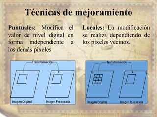 Técnicas de mejoramiento
EDIER FERNANDO AVILA MARTER EN TECNOLOGIAS DE LA INFORMACION GEOGRAFICA
Puntuales: Modifica el
valor de nivel digital en
forma independiente a
los demás pixeles.
Locales: La modificación
se realiza dependiendo de
los píxeles vecinos.
 