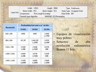 EDIER FERNANDO AVILA MARTER EN TECNOLOGIAS DE LA INFORMACION GEOGRAFICA
• Equipos de visualización
muy pobres
• Sensores de alta
resolución radiométrica
Ikonos 11 bits.
 