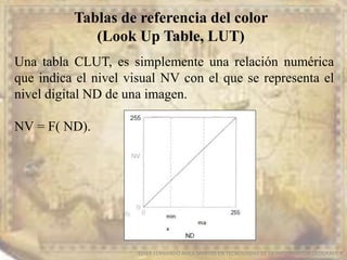 Tablas de referencia del color
(Look Up Table, LUT)
EDIER FERNANDO AVILA MARTER EN TECNOLOGIAS DE LA INFORMACION GEOGRAFICA
Una tabla CLUT, es simplemente una relación numérica
que indica el nivel visual NV con el que se representa el
nivel digital ND de una imagen.
NV = F( ND).
 