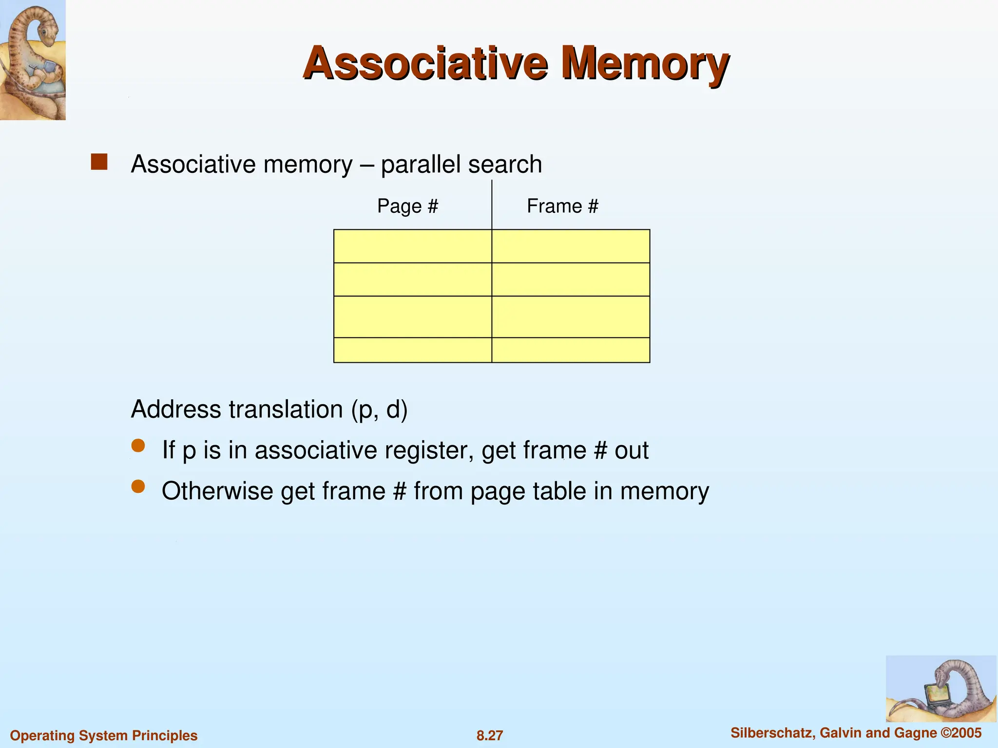8.27 Silberschatz, Galvin and Gagne ©2005
Operating System Principles
Associative Memory
Associative Memory
 Associative memory – parallel search
Address translation (p, d)
 If p is in associative register, get frame # out
 Otherwise get frame # from page table in memory
Page # Frame #
 