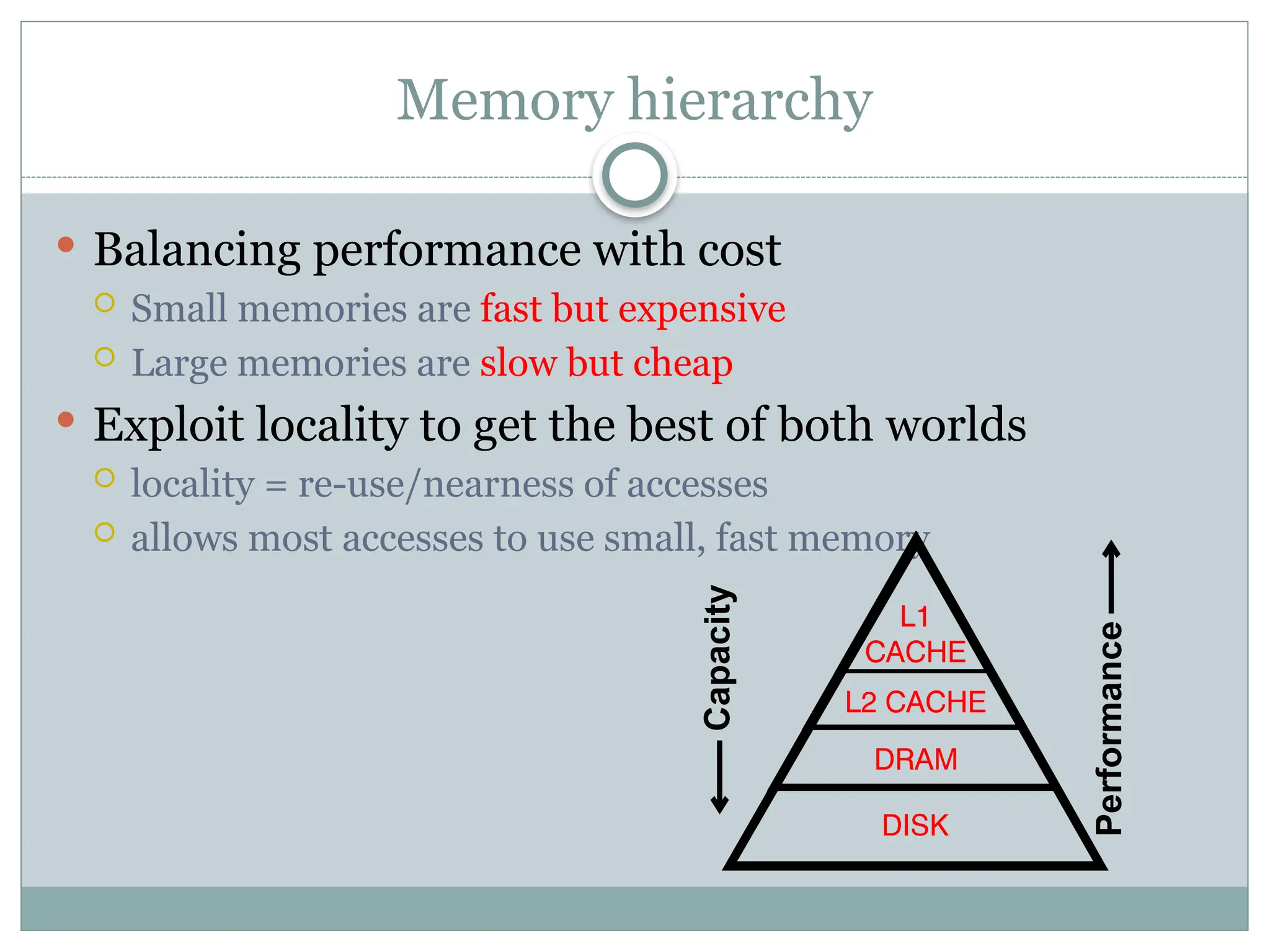 Memory hierarchy
 Balancing performance with cost
 Small memories are fast but expensive
 Large memories are slow but cheap
 Exploit locality to get the best of both worlds
 locality = re-use/nearness of accesses
 allows most accesses to use small, fast memory
Capacity
Performance
 