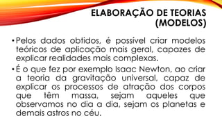 ELABORAÇÃO DE TEORIAS
(MODELOS)
• Pelos dados obtidos, é possível criar modelos
teóricos de aplicação mais geral, capazes de
explicar realidades mais complexas.
• É o que fez por exemplo Isaac Newton, ao criar
a teoria da gravitação universal, capaz de
explicar os processos de atração dos corpos
que têm massa, sejam aqueles que
observamos no dia a dia, sejam os planetas e
demais astros no céu.
 