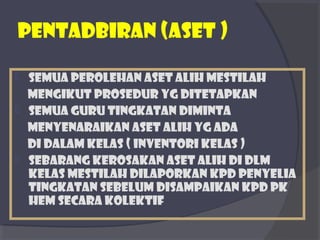 PENTADBIRAN (aset ) 
 Semua perolehan aset alih mestilah 
mengikut prosedur yg ditetapkan 
 Semua guru tingkatan diminta 
menyenaraikan aset alih yg ada 
di dalam kelas ( inventori kelas ) 
 Sebarang kerosakan aset alih di dlm 
kelas mestilah dilaporkan kpd penyelia 
tingkatan sebelum disampaikan kpd pk 
hem secara kolektif 
 