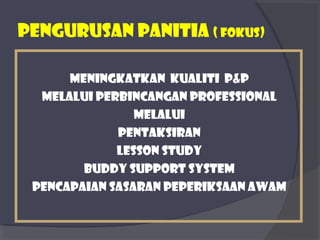 PEngurusan panitia ( fokus) 
Meningkatkan kualiti P&P 
Melalui perbincangan professional 
Melalui 
Pentaksiran 
Lesson study 
Buddy support system 
Pencapaian sasaran peperiksaan awam 
 