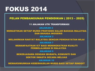 FOKUS 2014 
PELAN PEMBANGUNAN PENDIDIKAN ( 2013 – 2025) 
11 ANJAKAN UTK TRANSFORMASI 
ANJAKAN 2 
MEMASTIKAN SETIAP MURID PROFISIEN DALAM BAHASA MALAYSIA 
DAN BAHASA INGGERIS 
ANJAKAN 3 
MELAHIRKAN RAKYAT MALAYSIA DENGAN PENGHAYATAN NILAI 
ANJAKAN 7 
MEMANFAATKAN ICT BAGI MENINGKATKAN KUALITI 
PEMBELAJARAN DI MALAYSIA 
ANJAKAN 9 
BEKERJASAMA DENGAN IBUBAPA, KOMUNITI DAN 
SEKTOR SWASTA SECARA MELUAS 
ANJAKAN 10 
MEMAKSIMUMKAN KEBERHASILAN MURID BAGI SETIAP RINGGIT 
 
