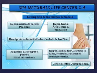 Descripción de los puestos de trabajo
Denominación de puesto:
Podólogo
Requisitos para ocupar el
puesto :
Nivel universitario
Descripción de las Actividades: Cuidado de Los Pies.
Dependencia:
Área técnica de
producción
Responsabilidades: Garantizar la
salud, recomendar exámenes
complementarios.
Conocimientos: Quiropodologia.
 