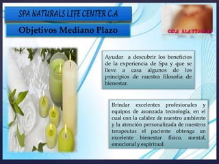 Ayudar a descubrir los beneficios
de la experiencia de Spa y que se
lleve a casa algunos de los
principios de nuestra filosofía de
bienestar.
Brindar excelentes profesionales y
equipos de avanzada tecnología, en el
cual con la calidez de nuestro ambiente
y la atención personalizada de nuestros
terapeutas el paciente obtenga un
excelente bienestar físico, mental,
emocional y espiritual.
Objetivos Mediano Plazo
 