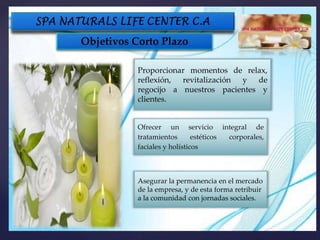 Proporcionar momentos de relax,
reflexión, revitalización y de
regocijo a nuestros pacientes y
clientes.
Ofrecer un servicio integral de
tratamientos estéticos corporales,
faciales y holísticos
Objetivos Corto Plazo
Asegurar la permanencia en el mercado
de la empresa, y de esta forma retribuir
a la comunidad con jornadas sociales.
 