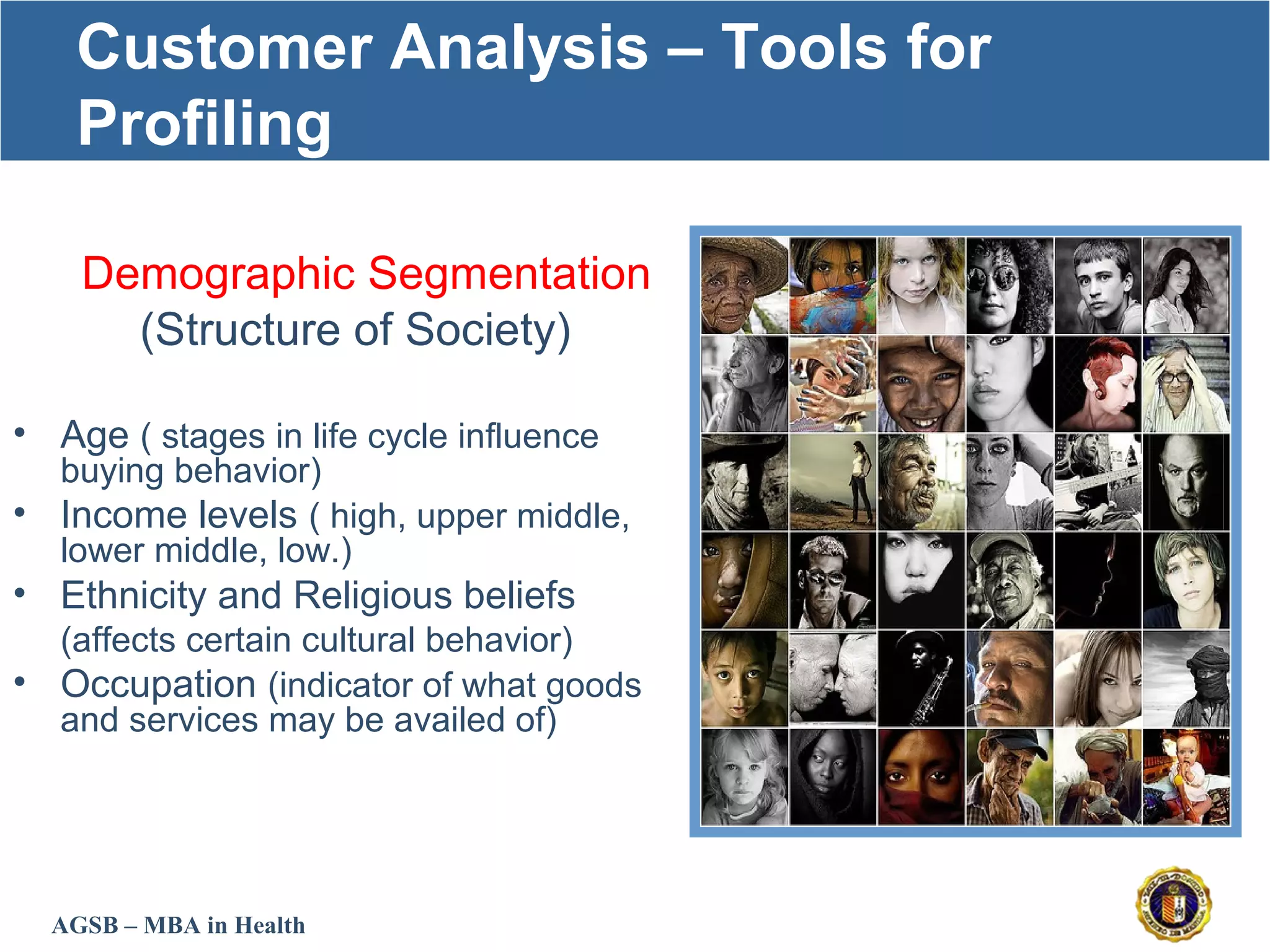 AGSB – MBA in Health
Customer Analysis – Tools for
Profiling
Demographic Segmentation
(Structure of Society)
• Age ( stages in life cycle influence
buying behavior)
• Income levels ( high, upper middle,
lower middle, low.)
• Ethnicity and Religious beliefs
(affects certain cultural behavior)
• Occupation (indicator of what goods
and services may be availed of)
 
