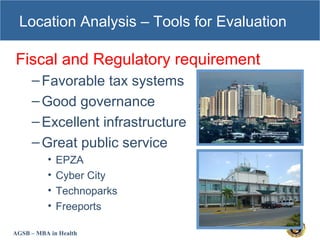 AGSB – MBA in Health
Location Analysis – Tools for Evaluation
Fiscal and Regulatory requirement
–Favorable tax systems
–Good governance
–Excellent infrastructure
–Great public service
• EPZA
• Cyber City
• Technoparks
• Freeports
 