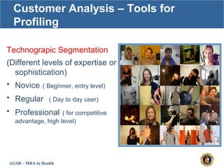 AGSB – MBA in Health
Customer Analysis – Tools for
Profiling
Technograpic Segmentation
(Different levels of expertise or
sophistication)
• Novice ( Beginner, entry level)
• Regular ( Day to day user)
• Professional ( for competitive
advantage, high level)
 