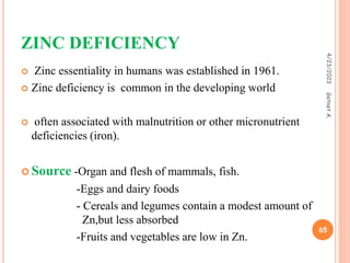 ZINC DEFICIENCY
 Zinc essentiality in humans was established in 1961.
 Zinc deficiency is common in the developing world
 often associated with malnutrition or other micronutrient
deficiencies (iron).
 Source -Organ and flesh of mammals, fish.
-Eggs and dairy foods
- Cereals and legumes contain a modest amount of
Zn,but less absorbed
-Fruits and vegetables are low in Zn.
4/23/2023
65
Getnet
A.
 