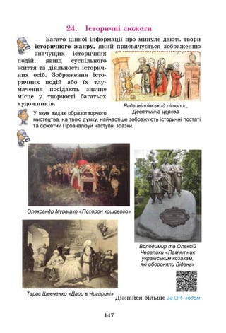 24. Історичні сюжети
Багато цінної інформації про минуле дають твори
історичного жанру, який присвячується зображенню
значущих історичних
подій, явищ суспільного
життя та діяльності історич­
них осіб. Зображення істо­
ричних подій або їх тлу­
мачення посідають значне
місце у творчості багатьох
художників.
У яких видах образотворчого
Радзивіллівський літопис,
Десятинна церква
мистецтва, на твою думку, найчастіше зображують історичні постаті
та сюжети? Проаналізуй наступні зразки.
Олександр Мурашко «Похорон кошового»
Володимир та Олексій
Чепелики «Пам’ятник
українським козакам,
які обороняли Відень»
Тарас Шевченко «Дари в Чигирині» „
Дізнайся більше за О
Г
С
- кодом.
147
 