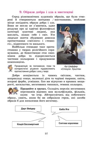 9. Образи добра і зла в мистецтві
Серед різноманітних художніх образів, що були ство­
рені й створюються митцями / мисткинями, особливе
місце посідають образи добра і зла.
Вони не могли не з’явитися, адже
роздуми про ці одвічні філософські
категорії властиві людині, яка
мислить, пізнає себе і світ. Усе
людське життя збудовано довкола
протистояння «світлого» і «темно­
го», піднесеного та низького.
Найбільш очевидне таке проти­
стояння у творах релігійного спря­
мування, де божественне стає сино­
німом добра та підкреслюється
чистими кольорами і продуманою
композицією.
Проаналізуй, як положення, пози та АріШЄффЄр
колористичні рішення підкреслюють«Спокуса Христа»
протистояння добра ізла у творі.
Добро асоціюється із чимось світлим, чистим,
наприклад: сонце, маленькі діти та чарівні тварини, квіти,
яскраві фарби, усмішки. Зло ми відчуємо в проявах нещи­
рості, насильства, негативних типажах, темних кольорах.
Працюйте в групах. Складіть перелік негативних
персонажів відомих вам мультфільмів, фільмів,
казок чи ігор. Абстрагуючись від побаченого
образу, уявіть, яким би ви зобразили героя, які засоби
обрали б для посилення його негативу.
57
 